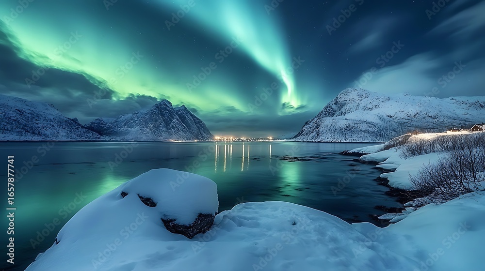 Fototapeta premium Majestic Aurora Borealis Dancing Over Snowy Mountains Reflections with Norway.
