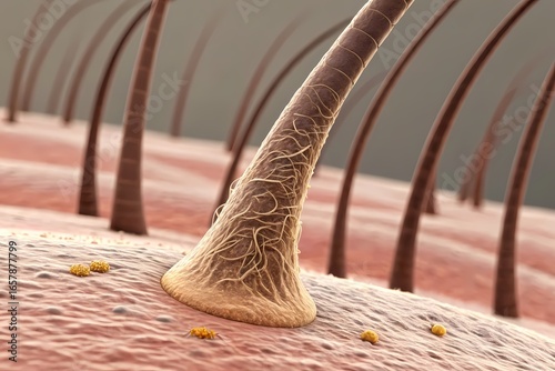 A close-up view of a single hair follicle on human skin, highlighting texture and detail.