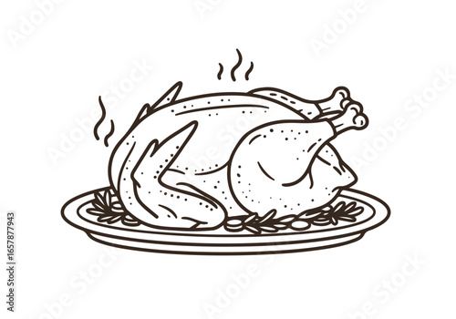 Line art of roast turkey with herbs, served steaming on a plate, white background