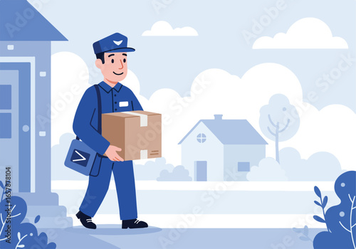 Delivery carrier with package walks up path to a house for e-commerce
