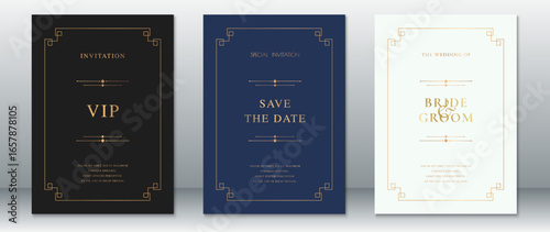 Elegant wedding invitation suite featuring VIP, Save the Date, and Bride & Groom cards. Designed with geometric gold frames on black, navy, and cream backgrounds. 