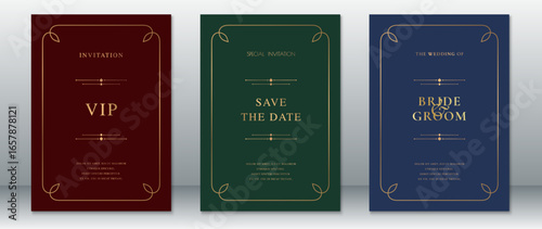 Modern wedding invitation set with VIP, Save the Date, and Bride & Groom cards. Designed in dark red, forest green, and navy blue with thin gold borders and minimal decorative elements. 