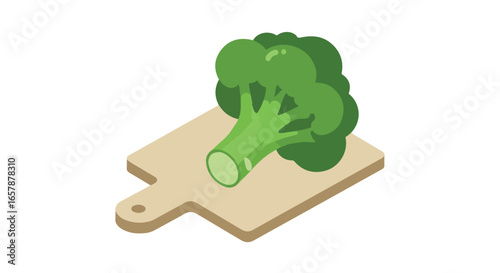 Isometric broccoli sits ready to cut on a cutting board, set against white
