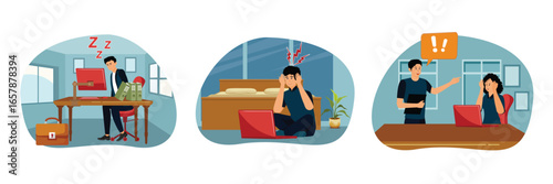 Tired Office Worker Sleeping at Desk. Frustrated Man Holding Head. Employee Arguing.