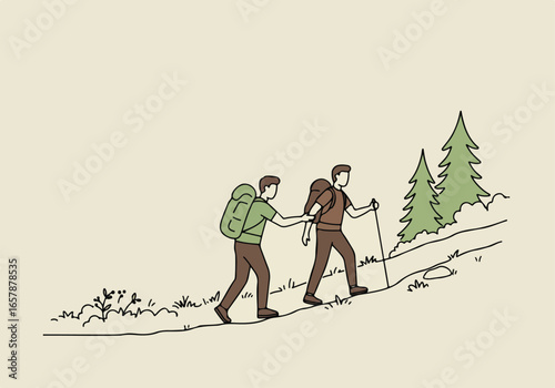 Hiking duo climbs forest hill. Adventure background for nature travel campaign use
