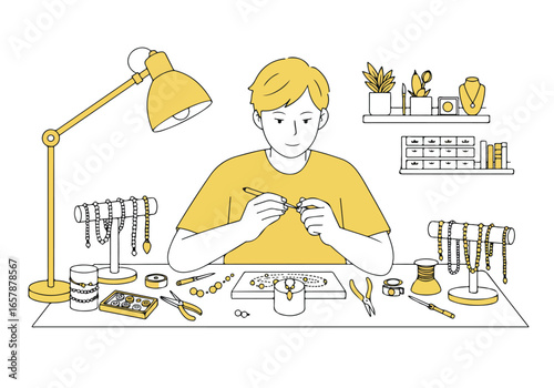 Maker crafts jewelry at workbench with tools; decor on shelf in background