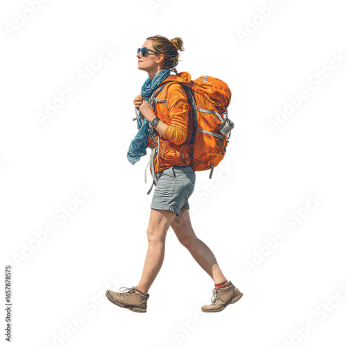 Female hiker with backpack, isolated on transparent background
