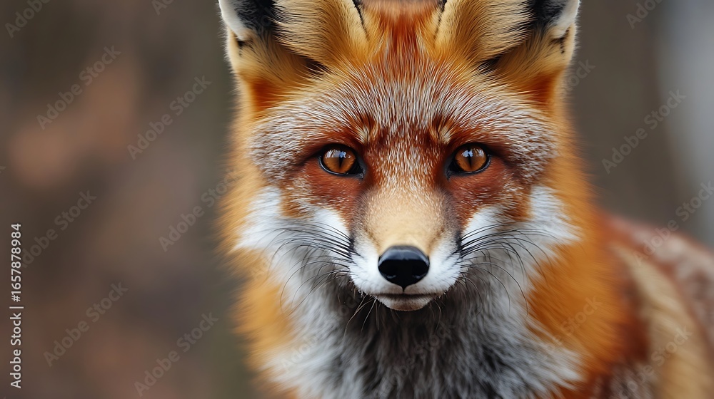 Fototapeta premium Majestic Red Fox Gaze Closeup portrait in natural forest setting with eyes locked.