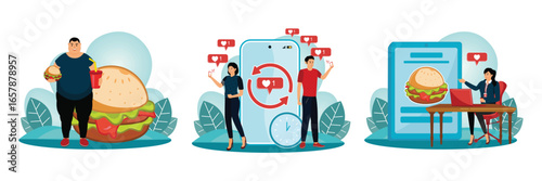 Overeating addiction concept. Mindlessly scrolling. Snacking non stop.