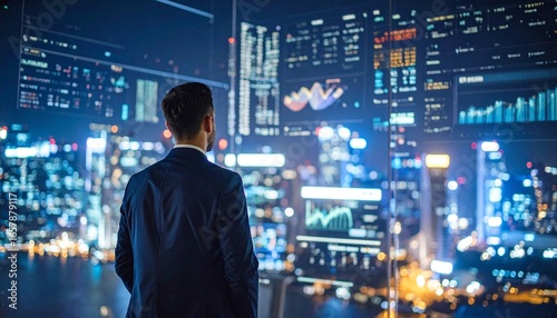 Business analyst in suit—facing glowing financial charts against a city skyline; a visual of strategy, data, and the pulse of modern ambition.
