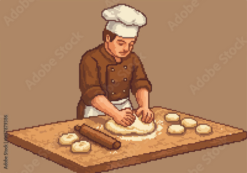 Retro pixel art cook kneading dough, wooden table. Use game or animation asset