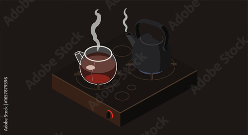 Steaming kettles boil water on stovetop against a dark background