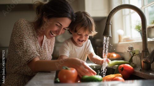 A confident pose documented professionally joyful kid unearths delicious health: a lively kitchen moment featuring fresh fruits and veggies by the bright, tomato-adorned sink with parents.