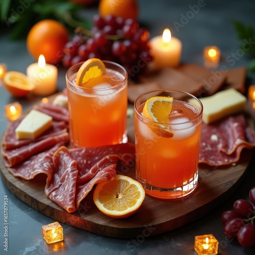 Flat lay of two spritz cocktails with golden ice cubes, placed beside charcuterie board on marble slab, candlelight ambiance.
