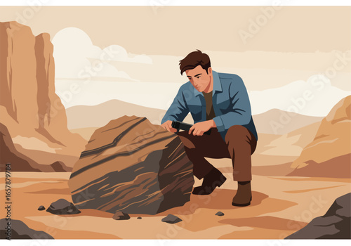 Geologist Inspecting Desert Rock Formation with Device under Canyon Sky for Science