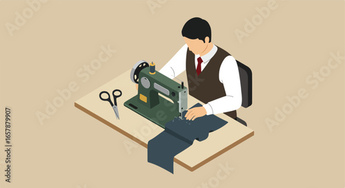 Tailor stitching fabric on machine, plain background for pattern creation