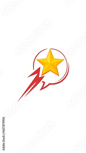 Yellow star in red speech bubble with lightning bolts