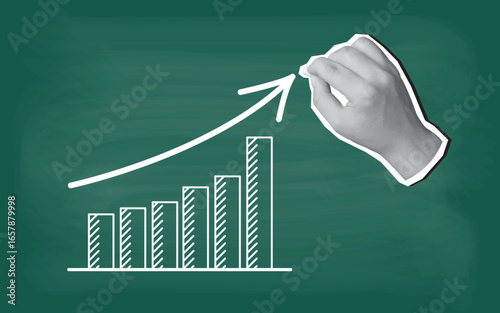 A hand writes growing graph on a blackboard with chalk. Modern collage style. Vector illustration