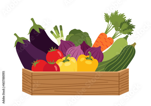 Freshly harvested assortment of garden vegetables in wooden crate
