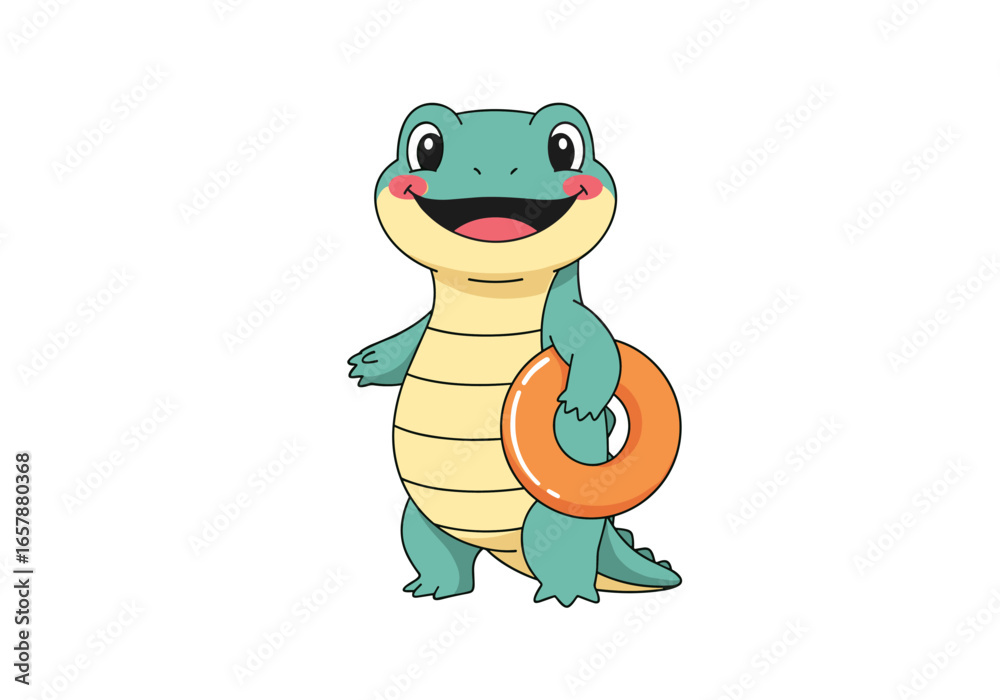 Obraz premium Cute cartoon alligator with a life preserver ready for summer fun