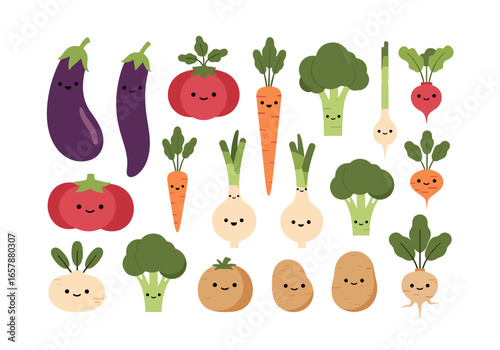 Cute and colorful vegetables character set with happy faces