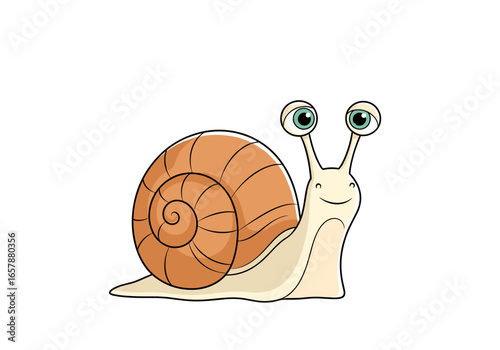 Smiling cartoon snail with big eyes moving slowly on white background