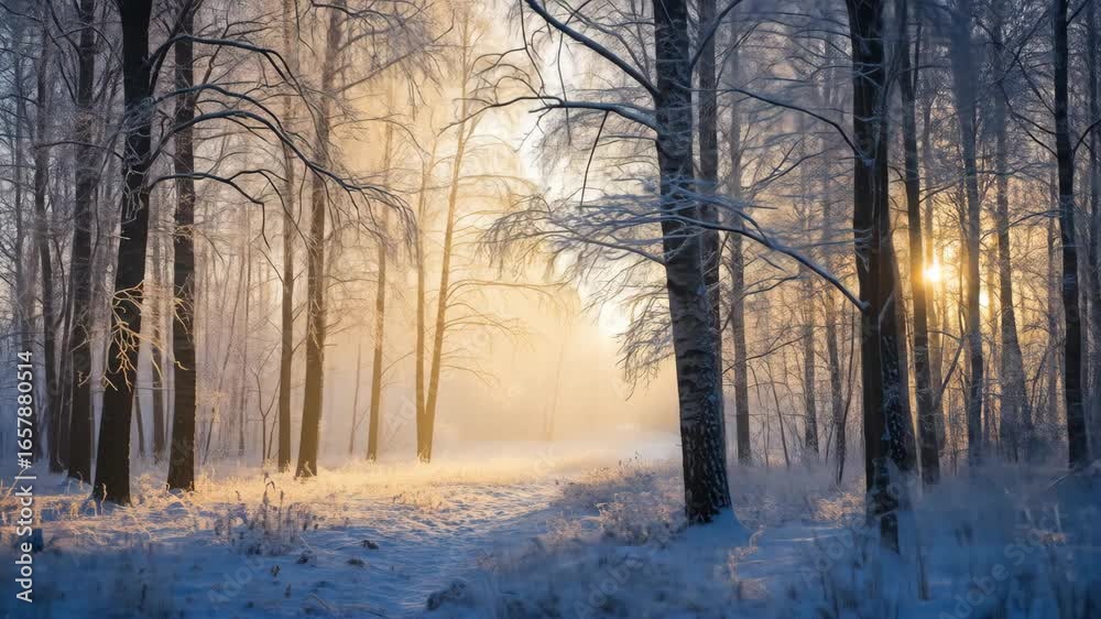 Snowy Forest Scene Sunrise with Frosted Trees and Soft Light Snowy Forest Scene Sunrise with Frosted Trees and Soft Light