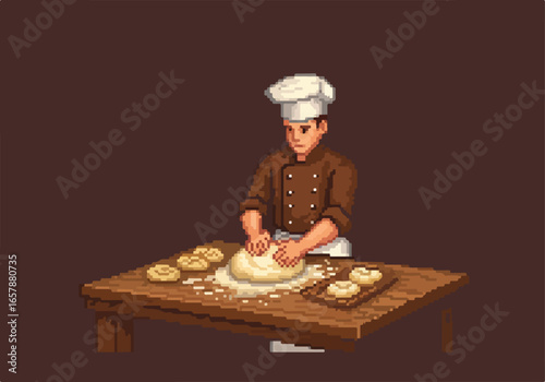 Pixel chef kneading dough at table, making sweet pretzels, against plain background