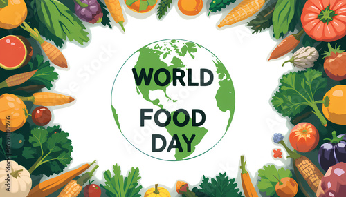 World Food Day Celebration Featuring Fresh Vegetables and Globe Illustration