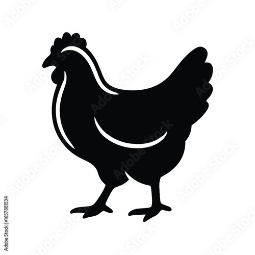 A bold black silhouette of a chicken, illustrated as a simple graphic icon isolated on a white background.