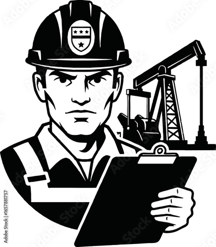 Serious oil industry worker with clipboard, focused on tasks.