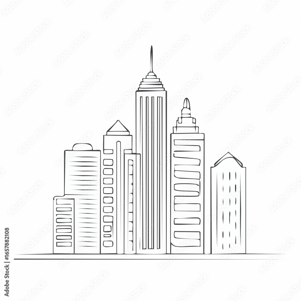 Fototapeta premium Continuous line city building. One single outline cityscape continuous construction. Editable stroke building background. Vector illustration.