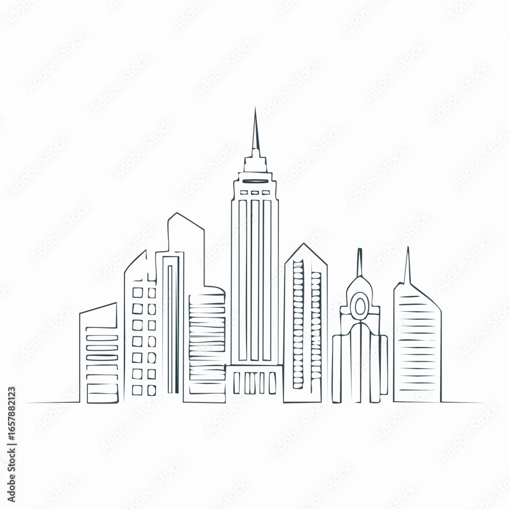 Fototapeta premium Continuous line city building. One single outline cityscape continuous construction. Editable stroke building background. Vector illustration.
