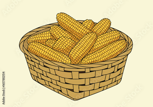 Basket is full of yellow ears. Can be used for food-related illustration
