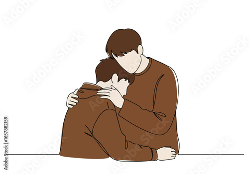 Two men hugging each other on a white background for articles about mental health