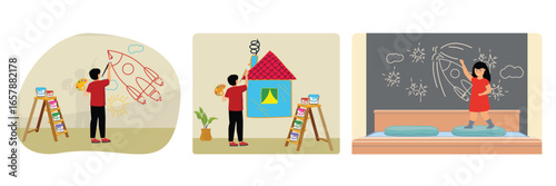Creative Boy Painting a Rocket. Boy Painting a House. Young Girl Expressing Creativity.