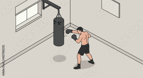 Boxer punches a bag in a gym, preparing for a fight while focusing intently