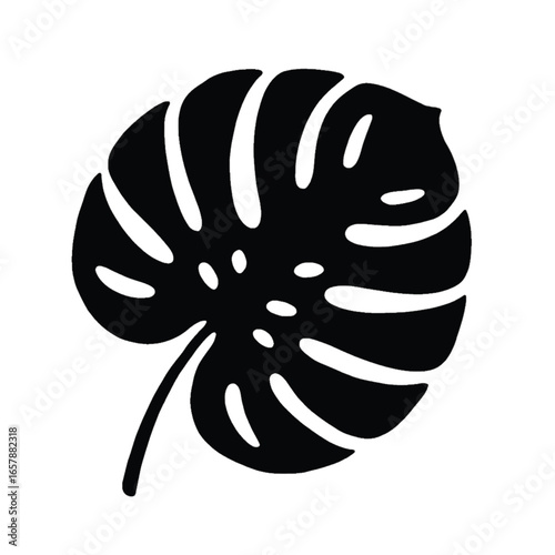 Black silhouette of a tropical Monstera deliciosa leaf with characteristic fenestrations, isolated on a white background.