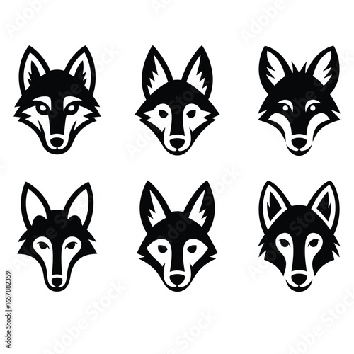 Wild canine black and white vector icons including wolf, fox, jackal, coyote, dingo, arctic fox, red fox, african wild dog, hyena
