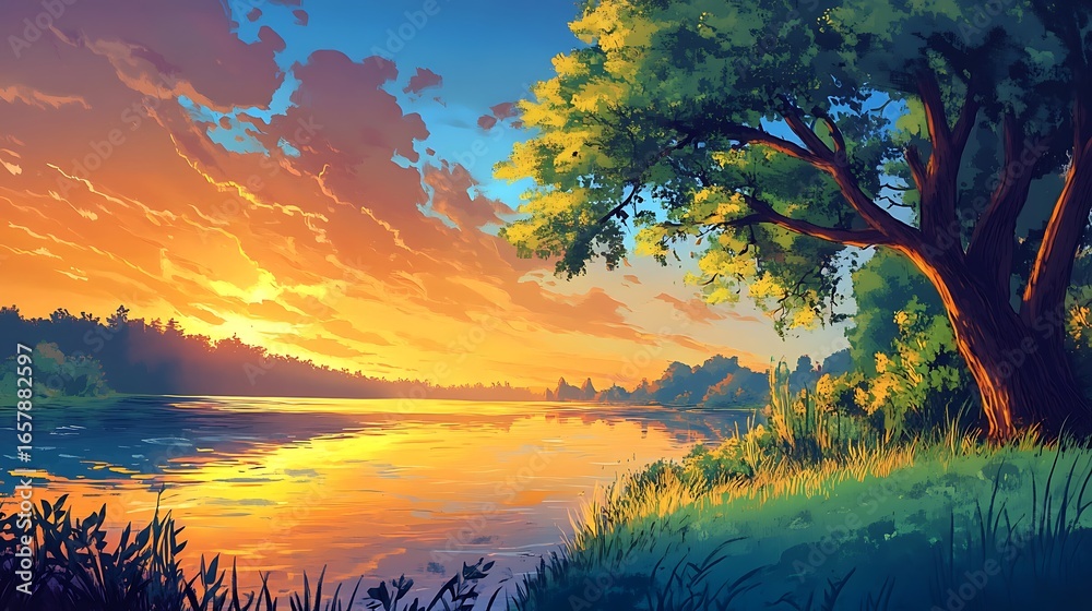 Obraz premium Serene Sunset Over Lake Digital Painting of Calm Waters with Trees, and and Golden Sky.