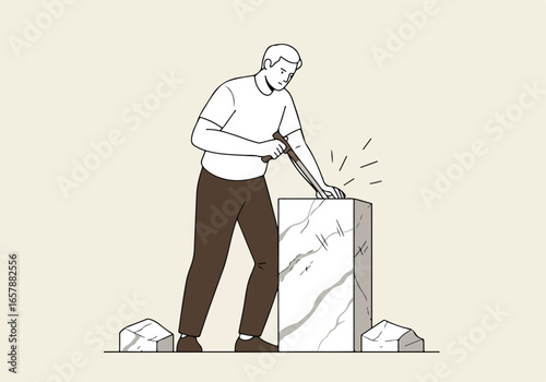 Man chiseling marble stone slab, making sculpture with fragments. Plain backdrop