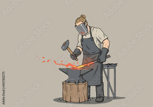 Blacksmith forging red-hot metal on an anvil with sparks flying in a workshop