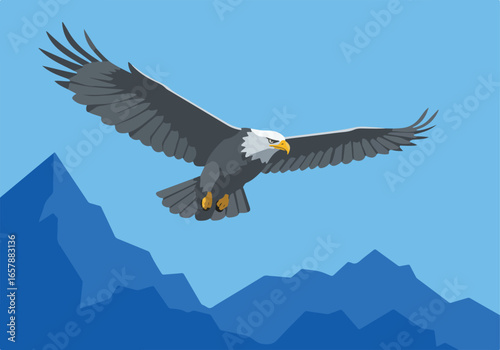 Eagle soars over mountains, vector art for use in nature or patriotic presentations
