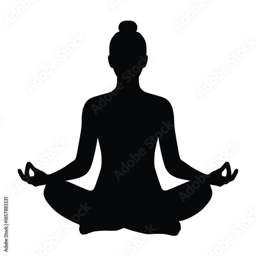 Black silhouette of a person meditating in a cross-legged lotus yoga pose, symbolizing peace and mindfulness.