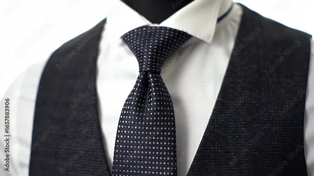 Navy Blue Polka Dot Tie with White Shirt and Tweed Vest on Bright White Background