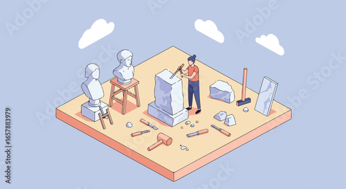 Stone sculptor at work, chiseling statue art on a stage, with finished pieces around