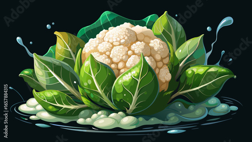 Fresh cauliflower with water drops and green leaves on dark background with dramatic lighting and splash effect, macro food photography for healthy eating concept.