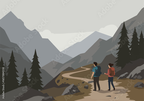 Couple hikes in mountains. Evergreen trees, trails, fog. Travel. Adventure