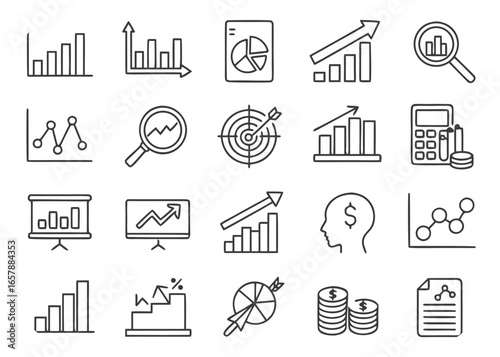 Business growth and financial success icons with charts and targets Keywords: business, finance, growth, success
