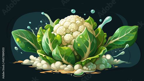 Fresh cauliflower with water drops and green leaves on dark background with dramatic lighting and splash effect, macro food photography for healthy eating concept.